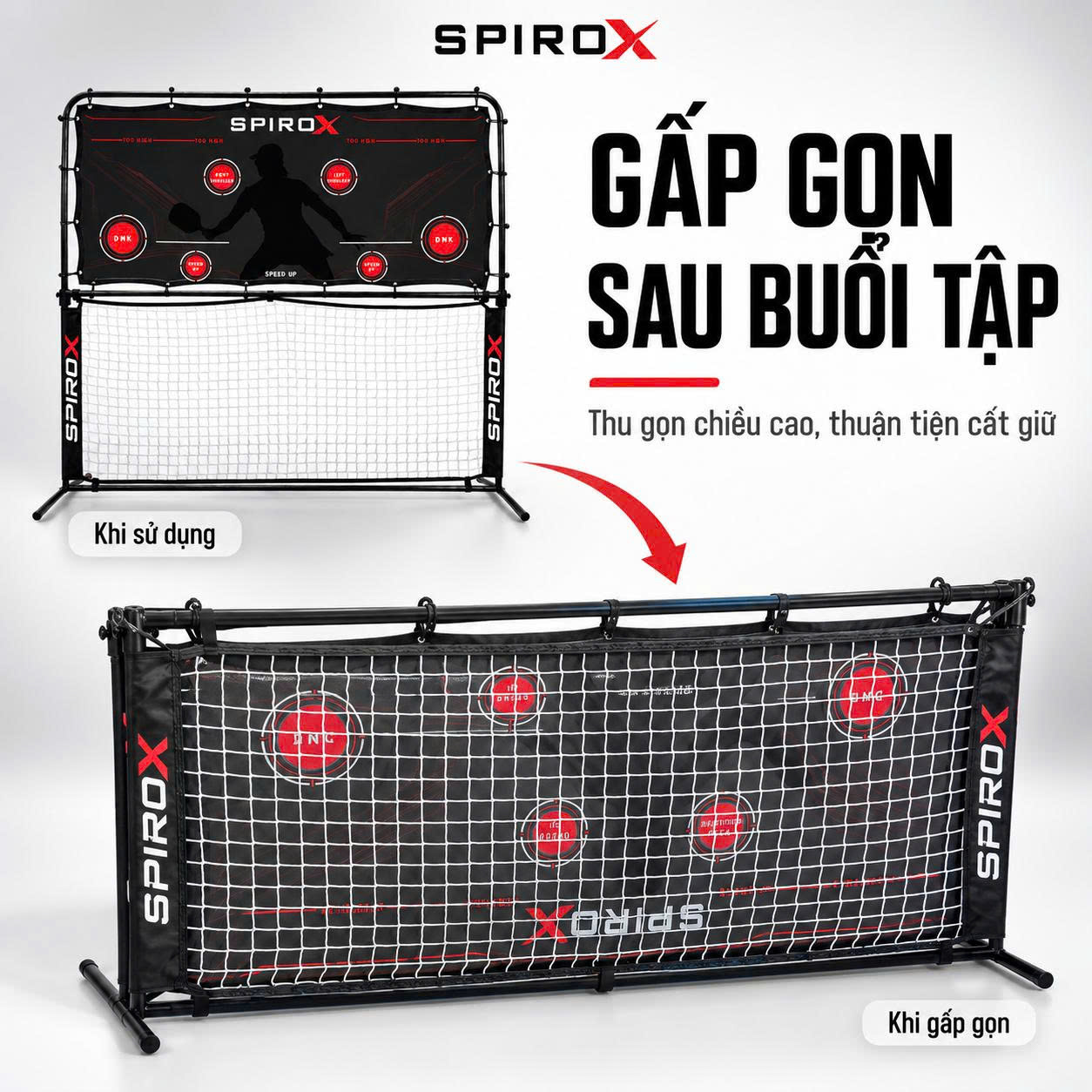 Bộ Khung Lưới Phản Bóng Pickleball SpiroX Chính Hãng - 2in1 - Mặt Lưới Phản Hồi Cao - Khung Hợp Kim Cứng Cáp - Tiện Lợi